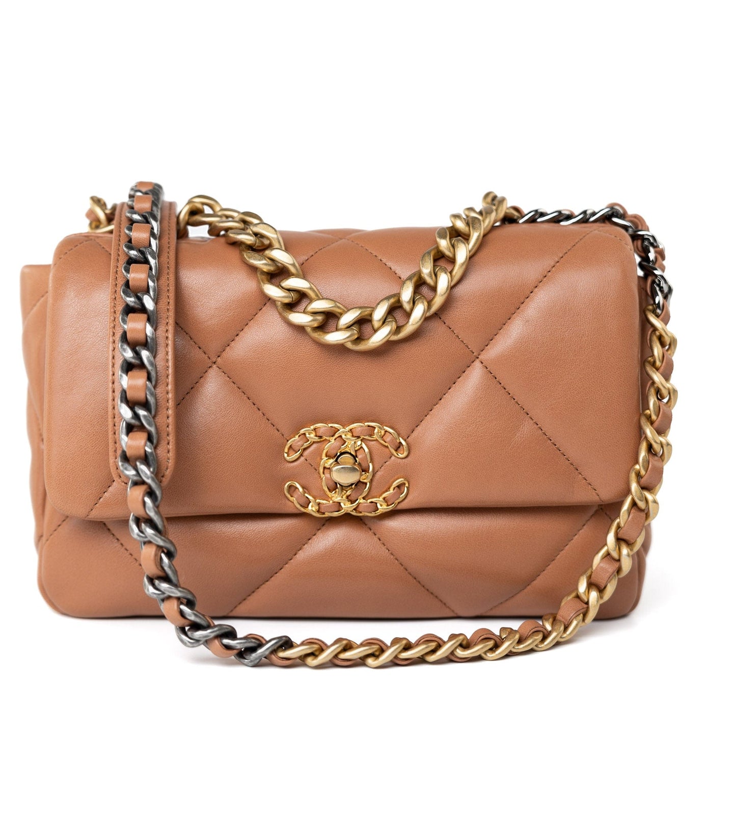 21P Caramel Lambskin Quilted 19 Flap Small Mixed Hardware