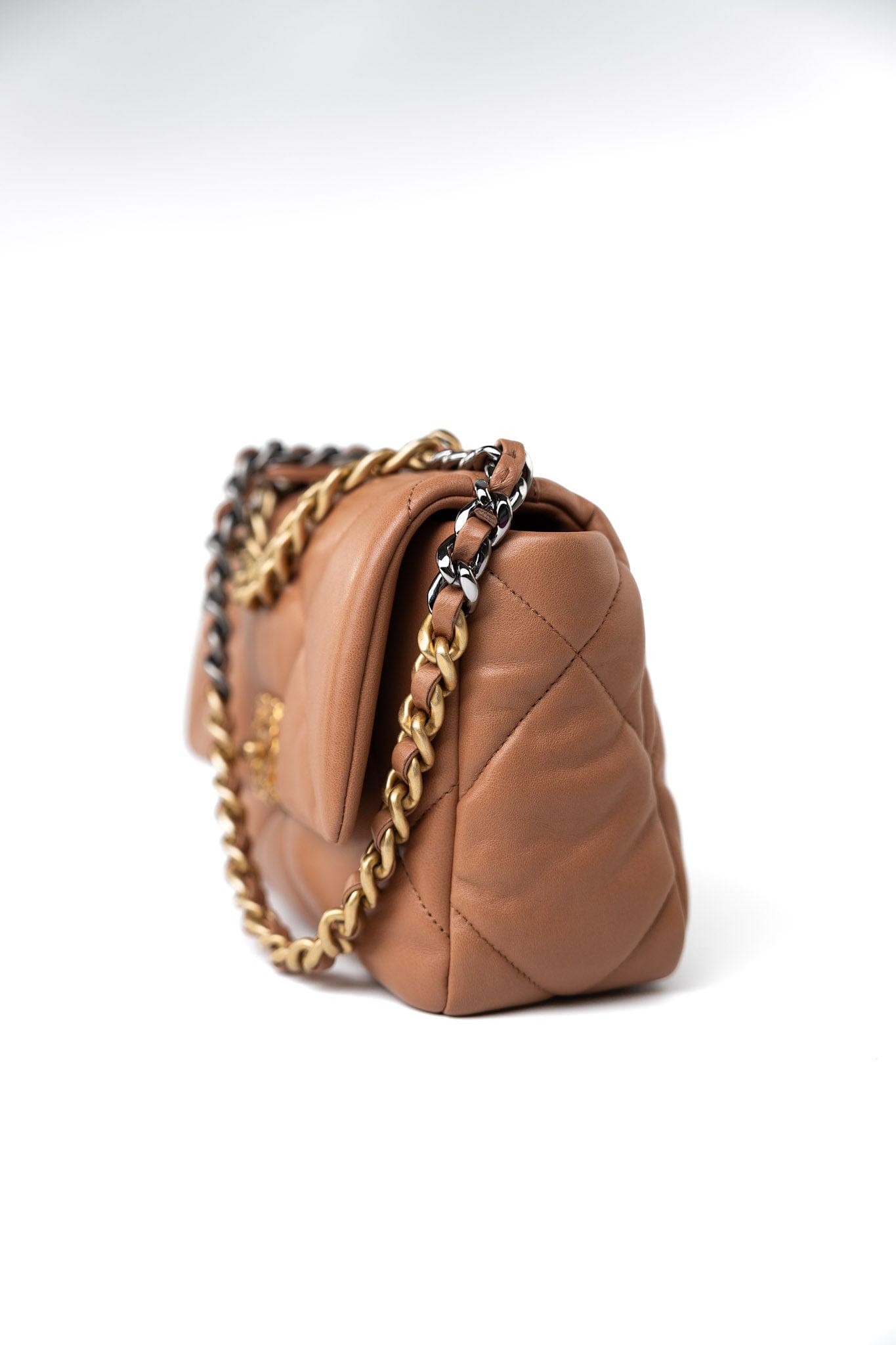 21P Caramel Lambskin Quilted 19 Flap Small Mixed Hardware