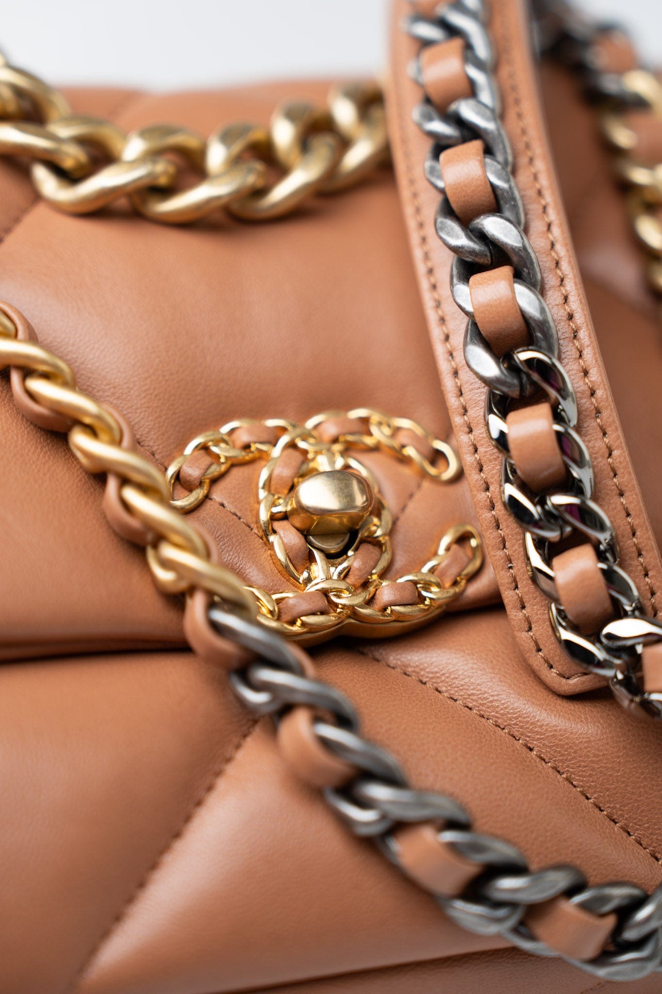 21P Caramel Lambskin Quilted 19 Flap Small Mixed Hardware