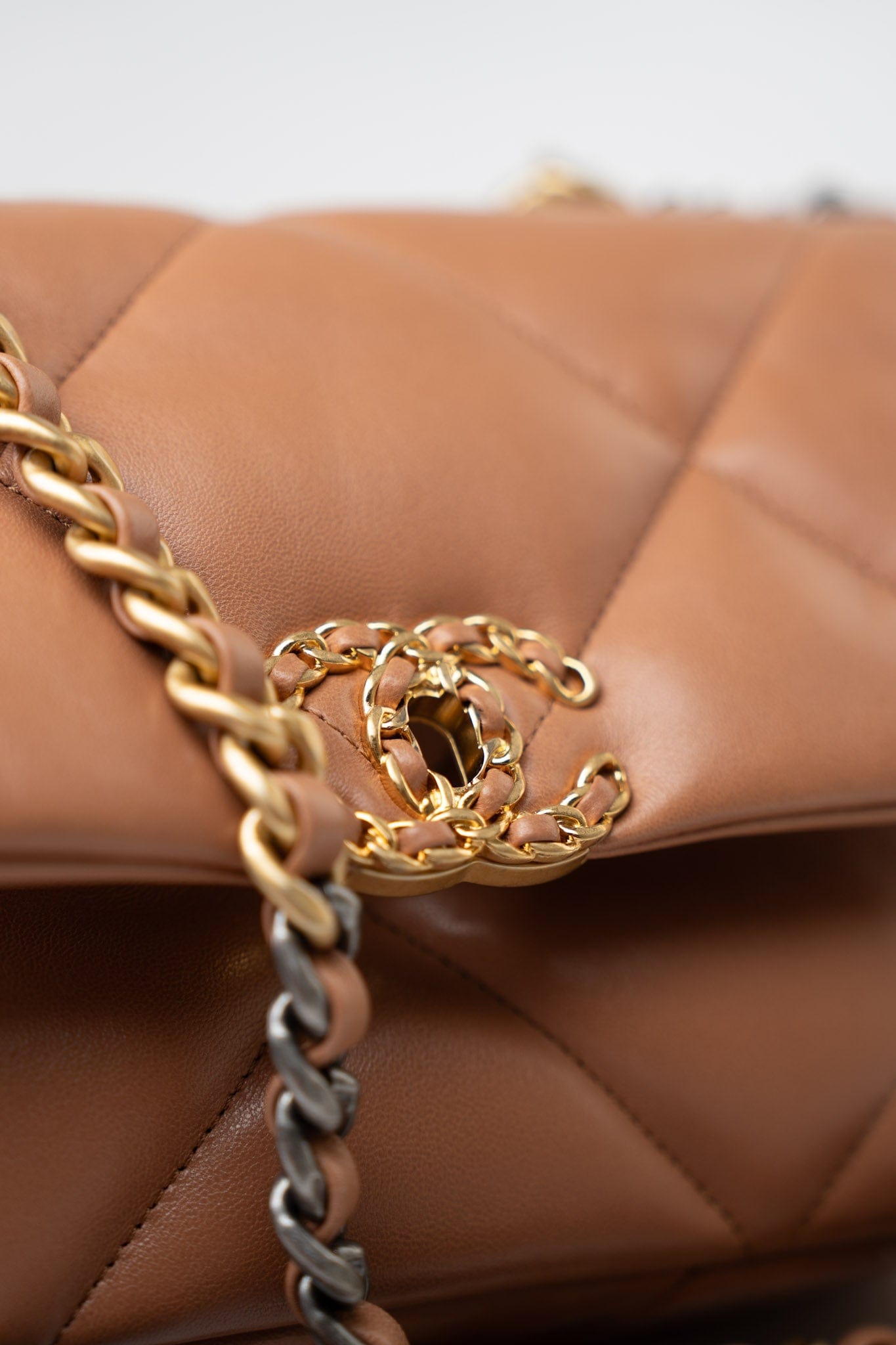 21P Caramel Lambskin Quilted 19 Flap Small Mixed Hardware