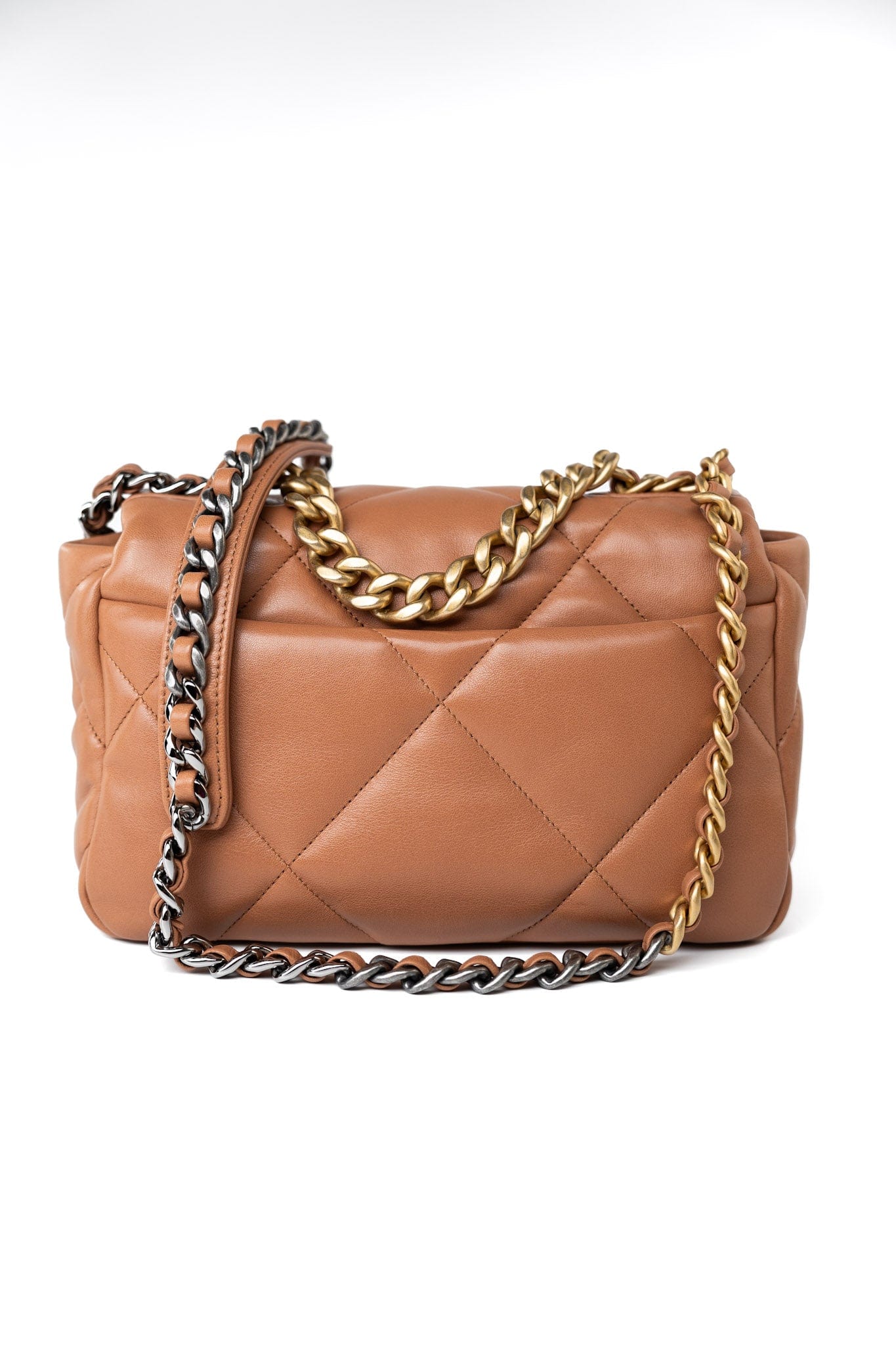 21P Caramel Lambskin Quilted 19 Flap Small Mixed Hardware