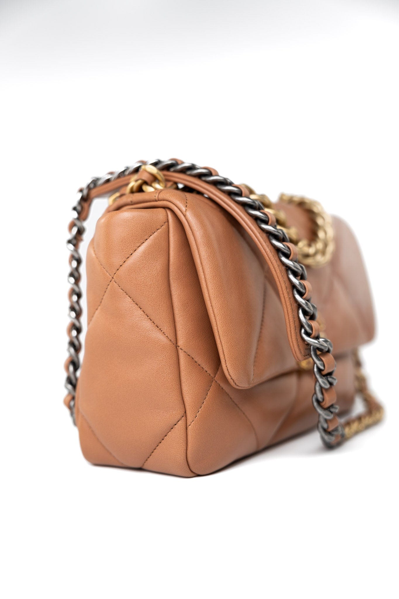 21P Caramel Lambskin Quilted 19 Flap Small Mixed Hardware