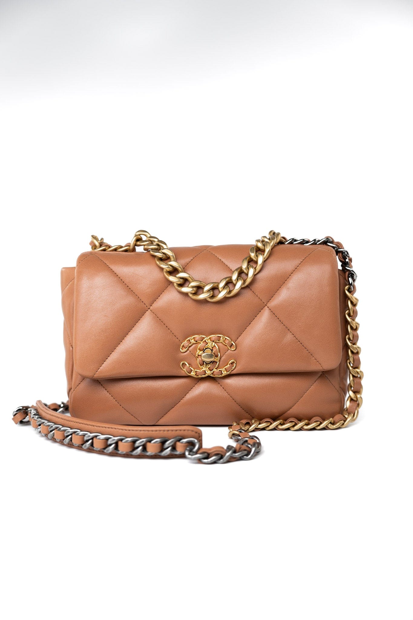 21P Caramel Lambskin Quilted 19 Flap Small Mixed Hardware