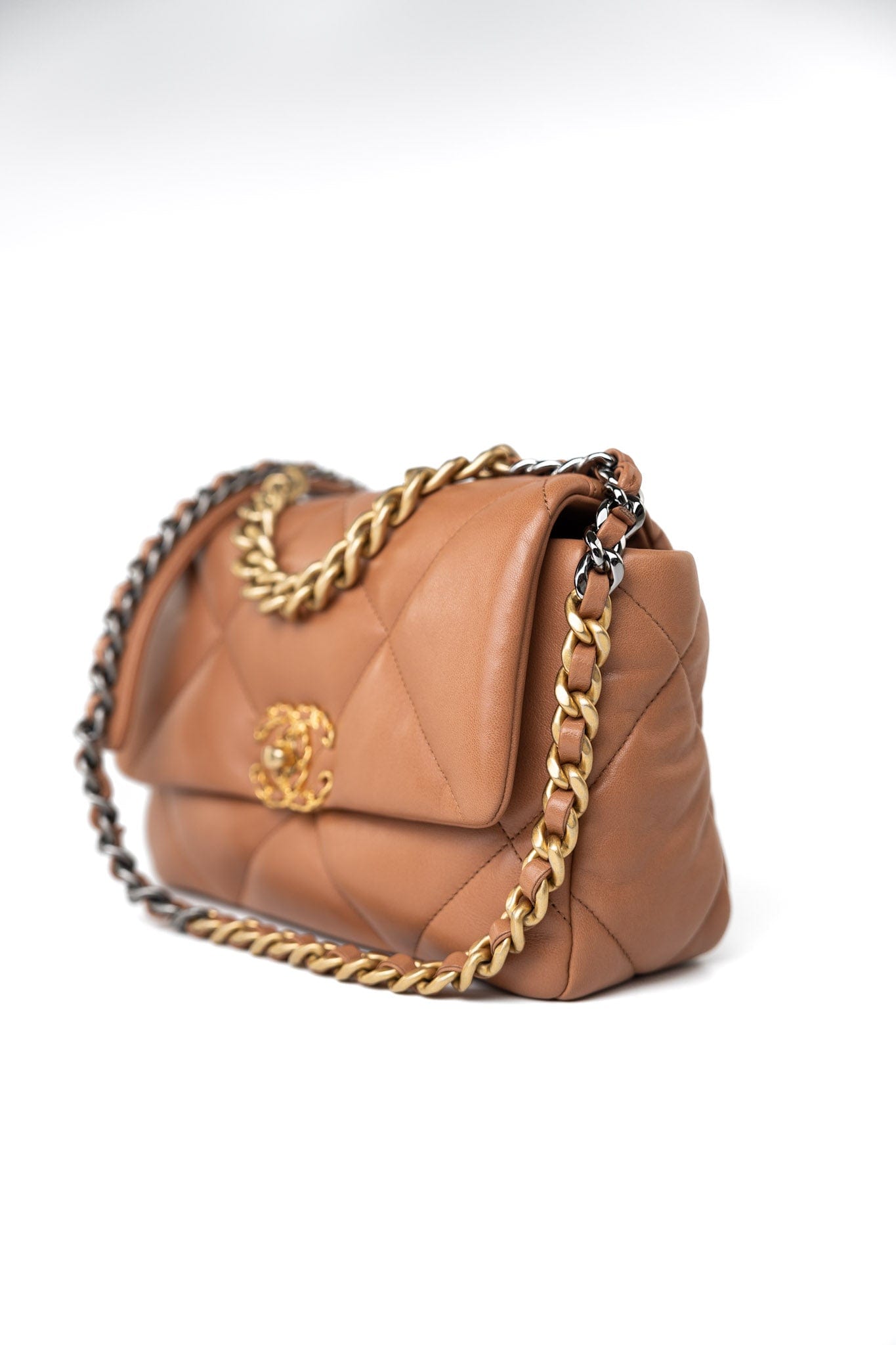 21P Caramel Lambskin Quilted 19 Flap Small Mixed Hardware