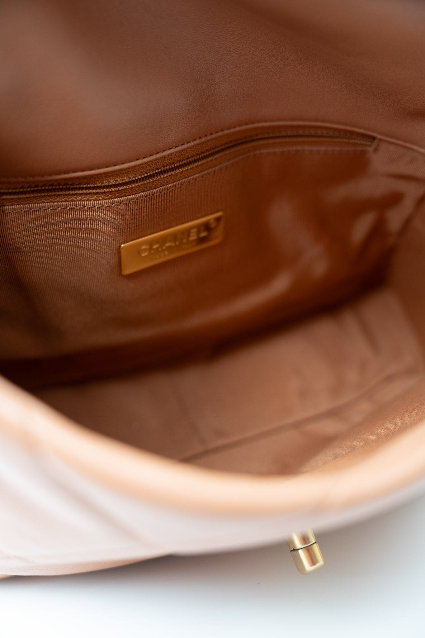 21P Caramel Lambskin Quilted 19 Flap Small Mixed Hardware