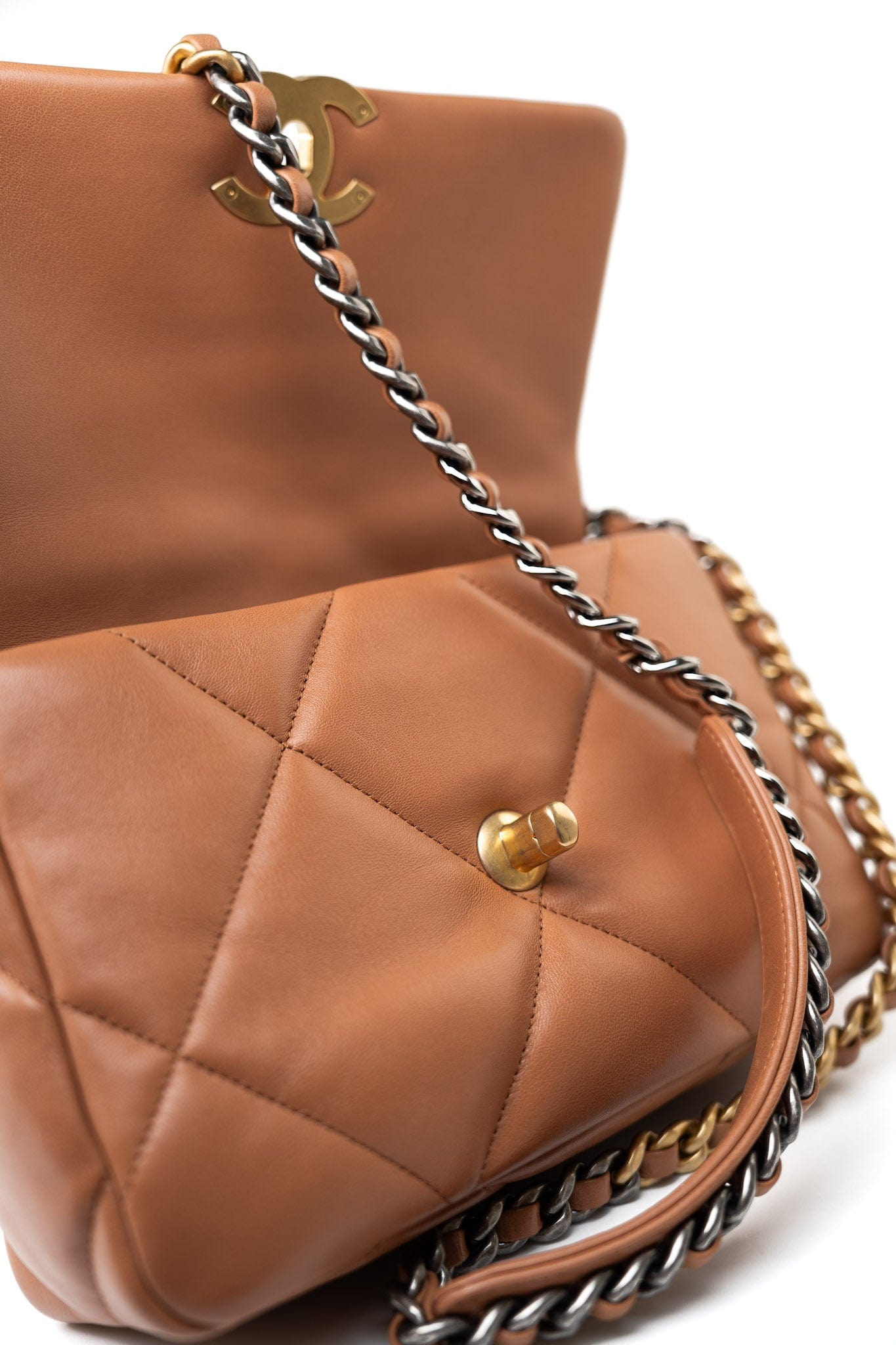 21P Caramel Lambskin Quilted 19 Flap Small Mixed Hardware