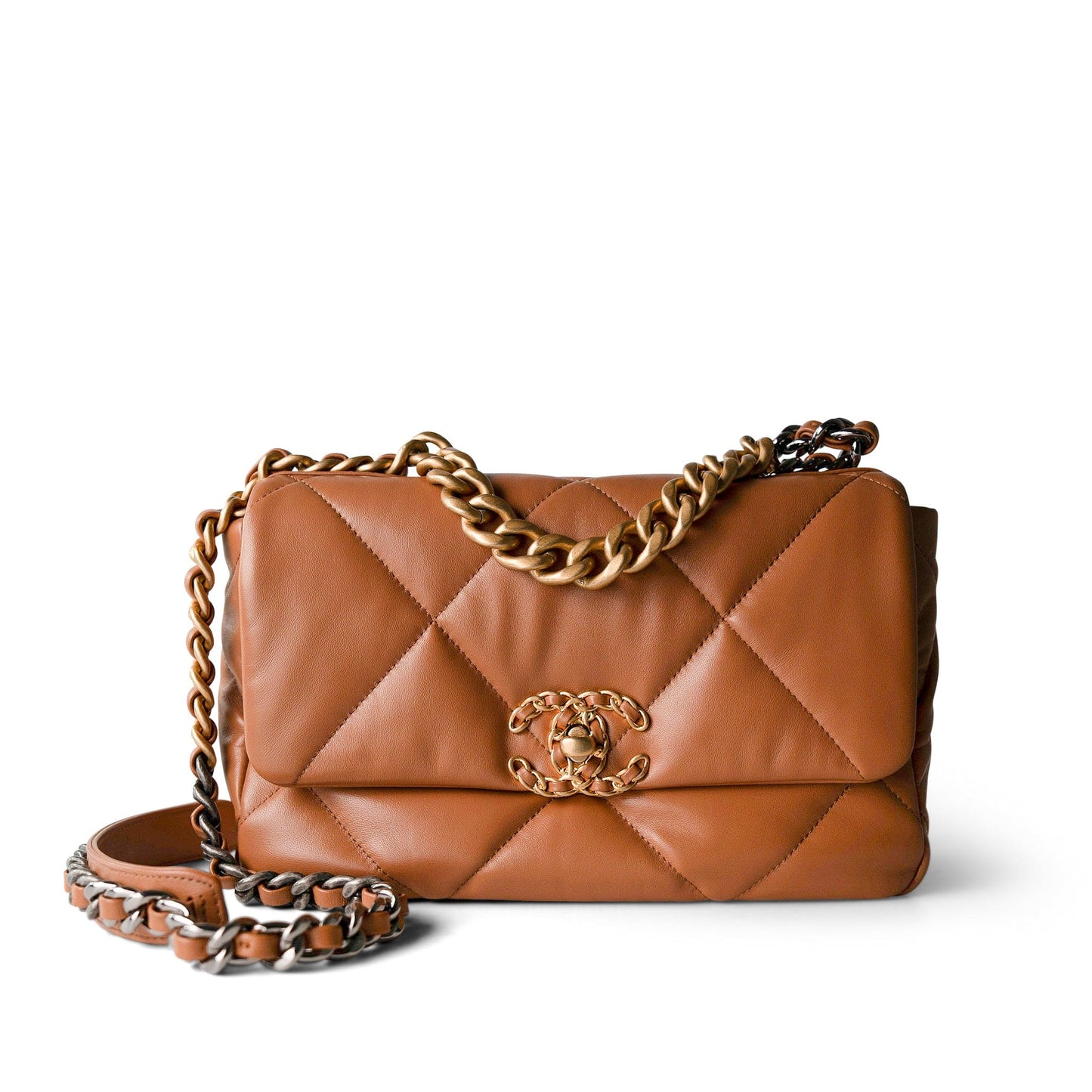 22A Caramel Lambskin Quilted Small 19 Flap Mixed Hardware