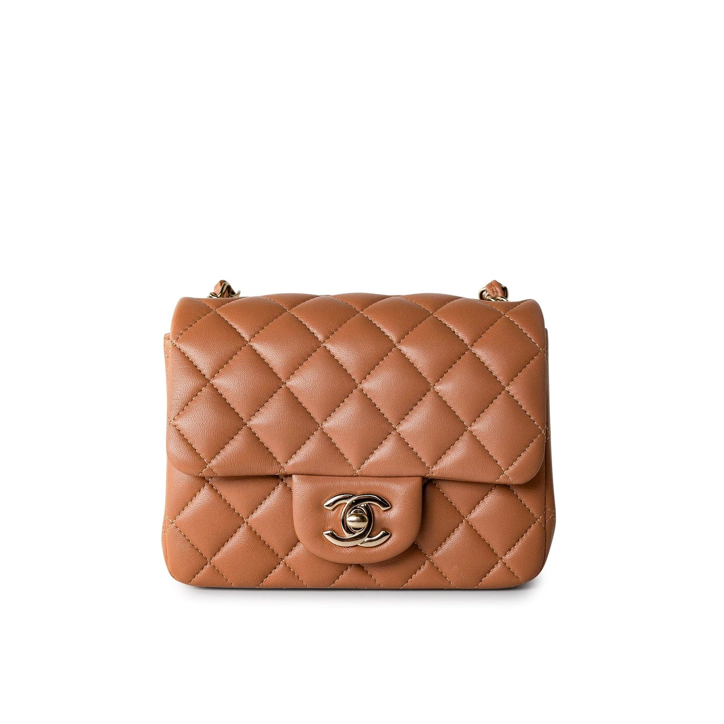 22S Caramel Lambskin Quilted Mini Square Flap Light Gold Hardware