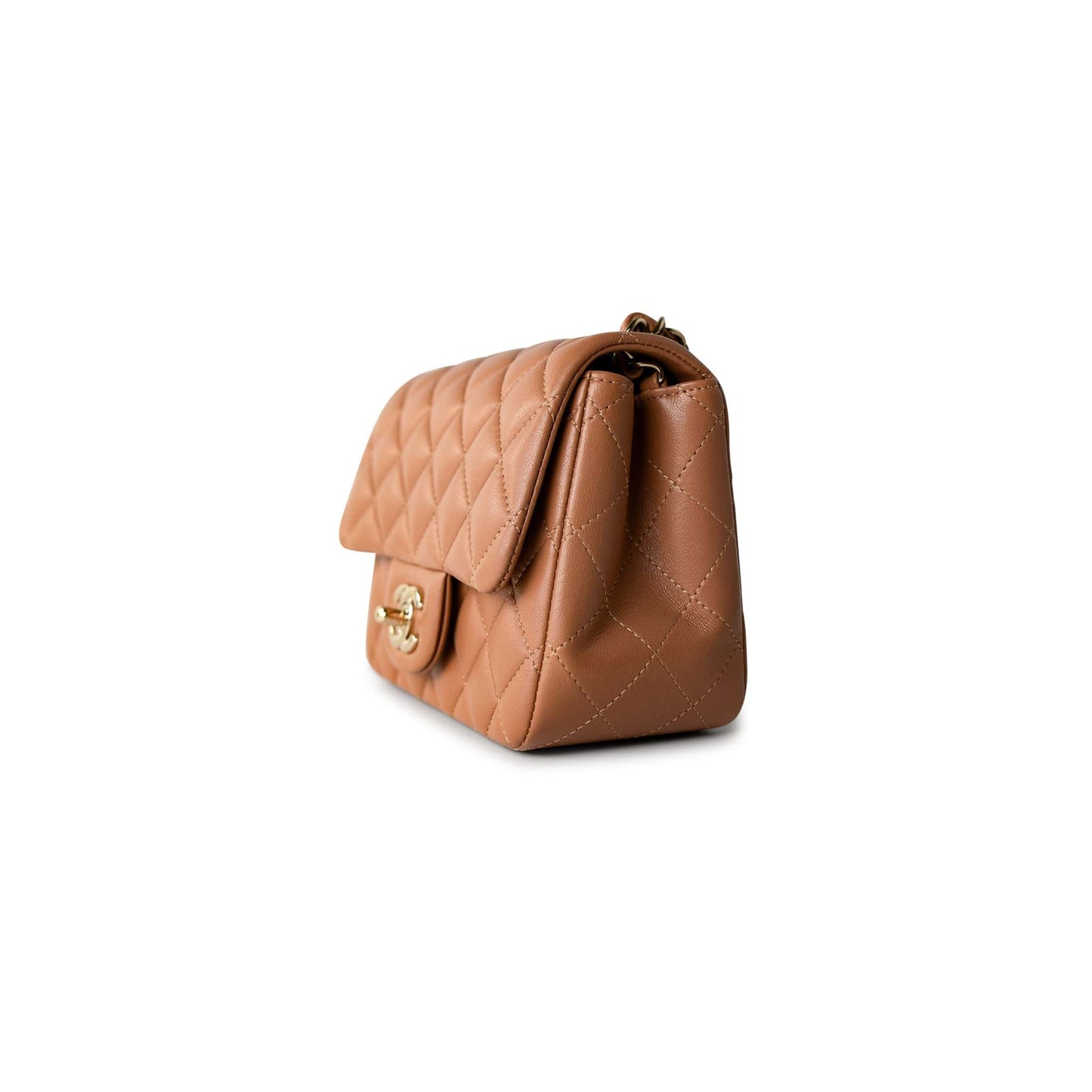 22S Caramel Lambskin Quilted Mini Square Flap Light Gold Hardware