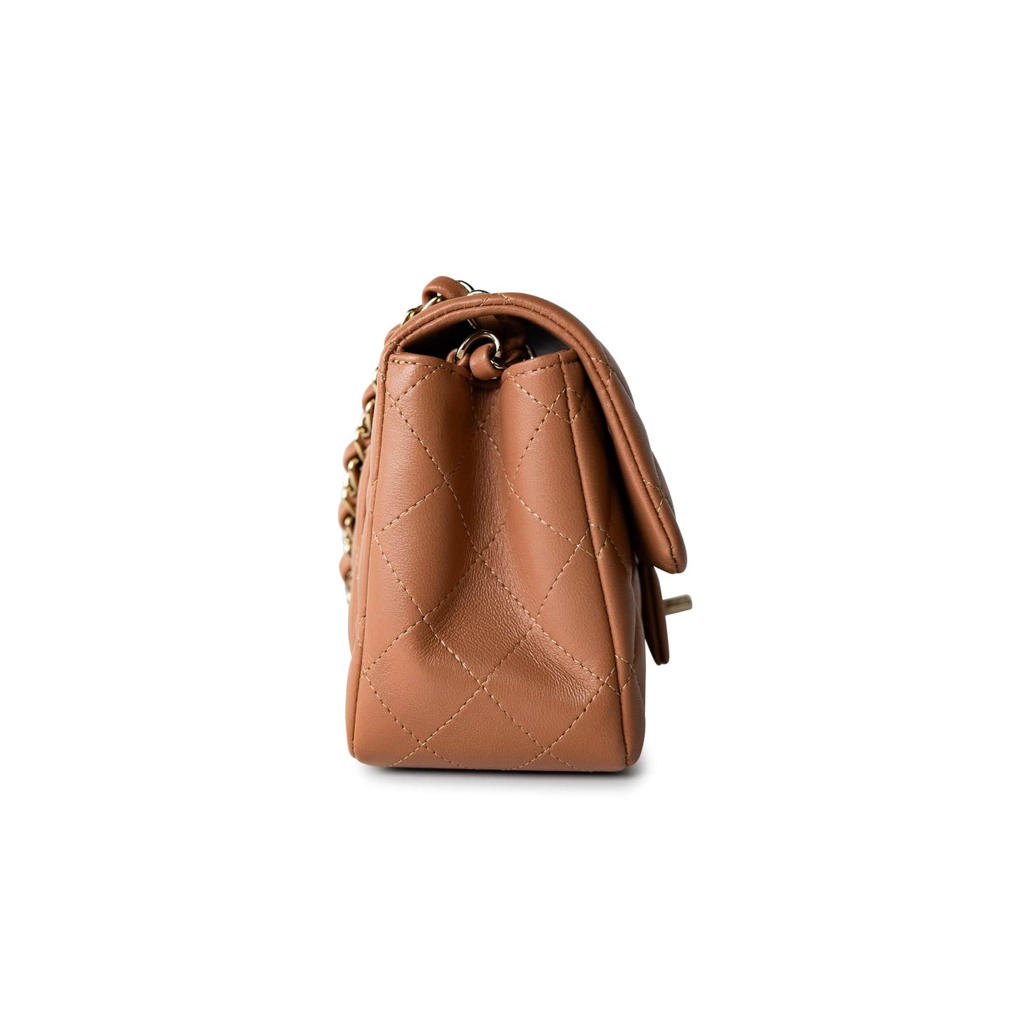 22S Caramel Lambskin Quilted Mini Square Flap Light Gold Hardware