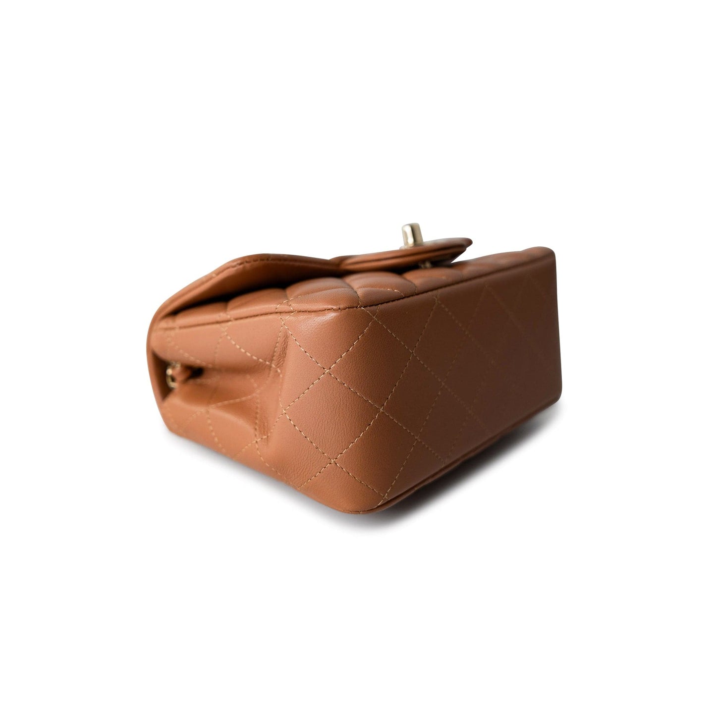 22S Caramel Lambskin Quilted Mini Square Flap Light Gold Hardware