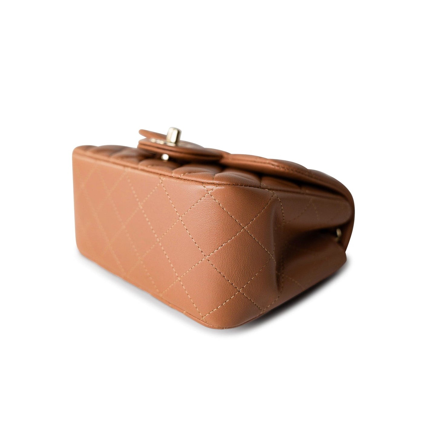 22S Caramel Lambskin Quilted Mini Square Flap Light Gold Hardware