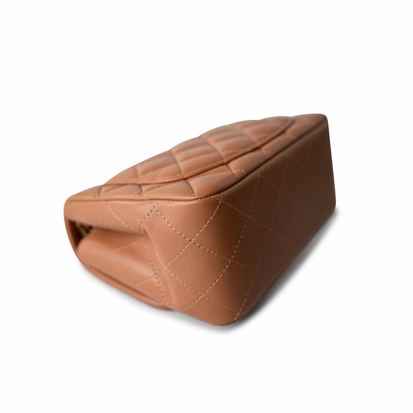 22S Caramel Lambskin Quilted Mini Square Flap Light Gold Hardware