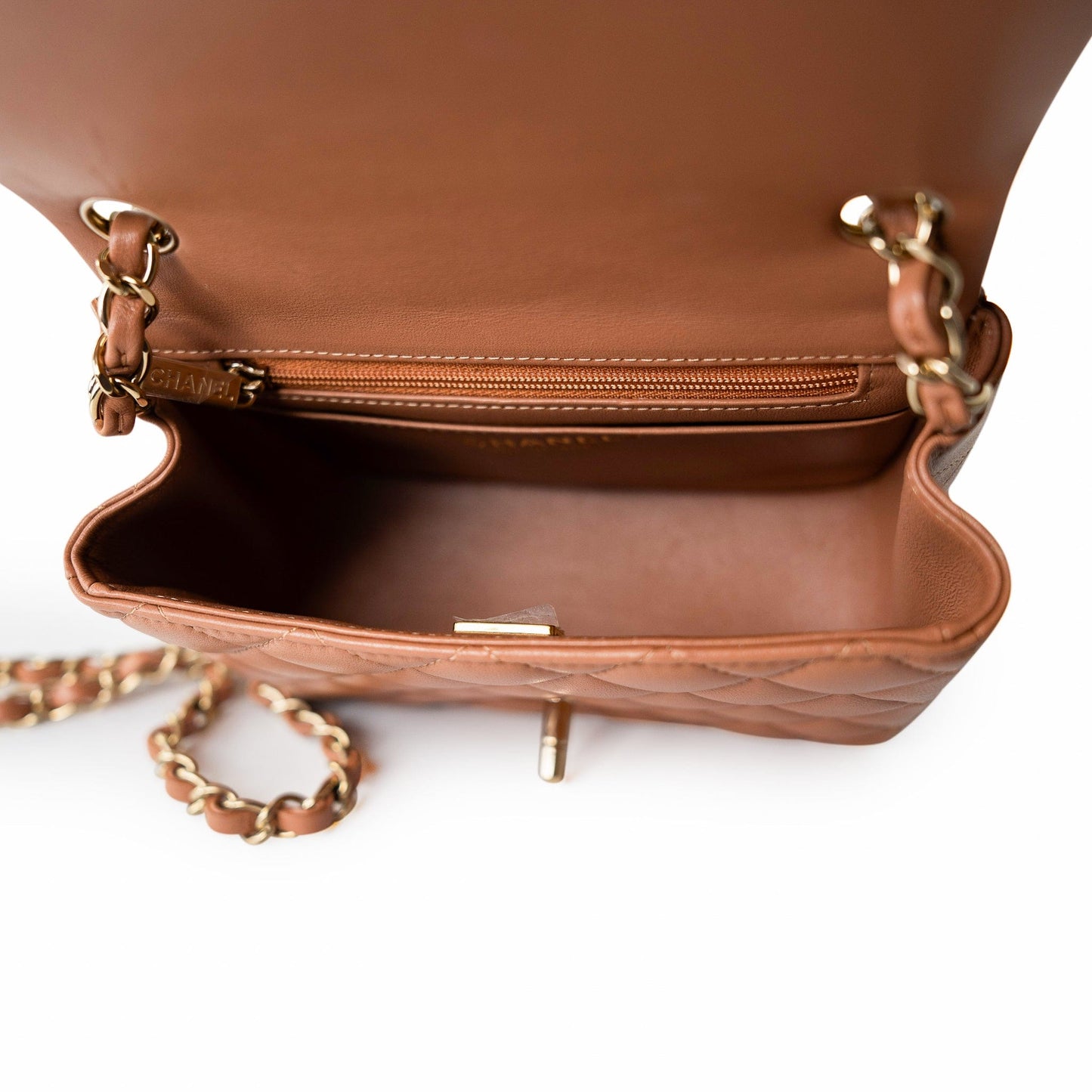 22S Caramel Lambskin Quilted Mini Square Flap Light Gold Hardware