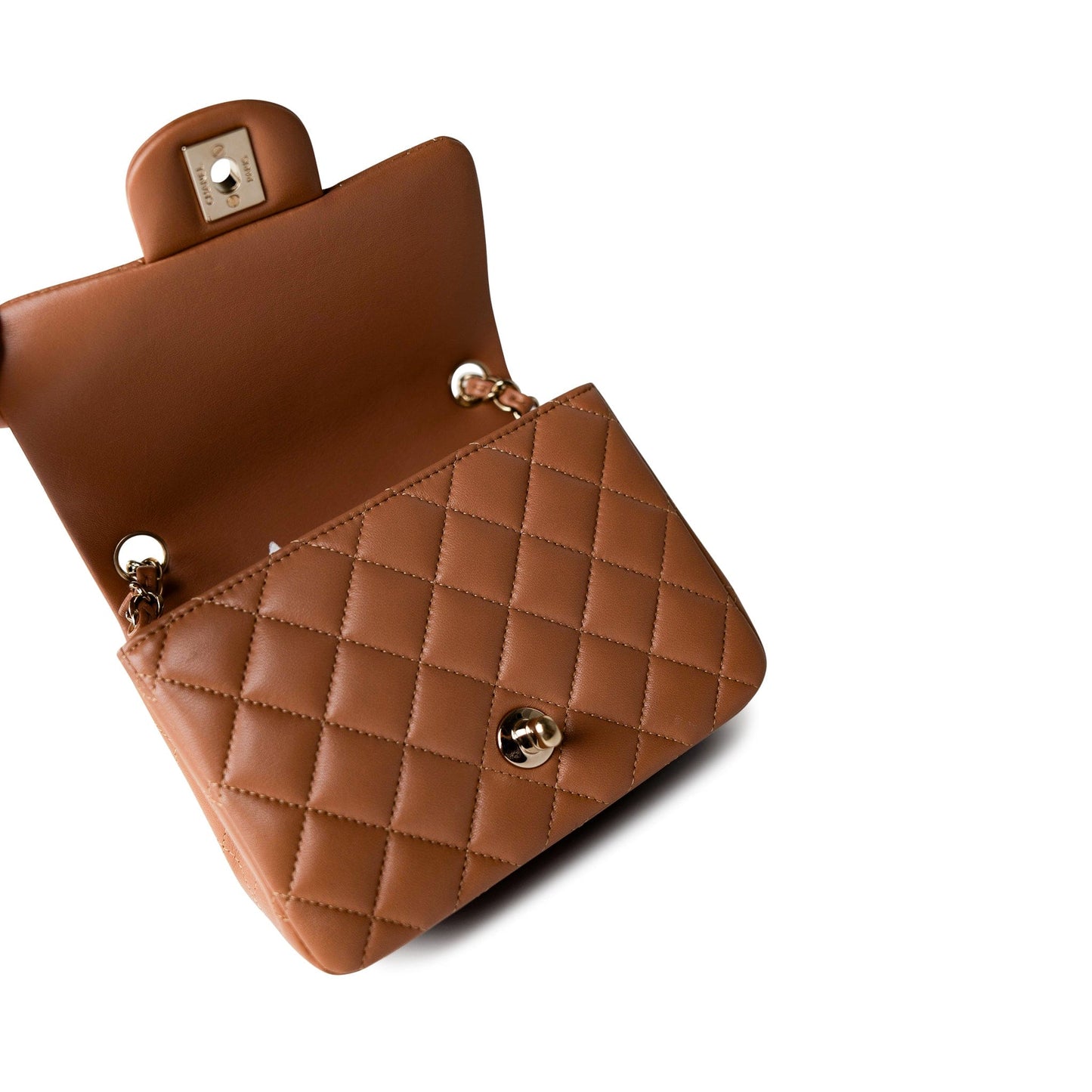 22S Caramel Lambskin Quilted Mini Square Flap Light Gold Hardware