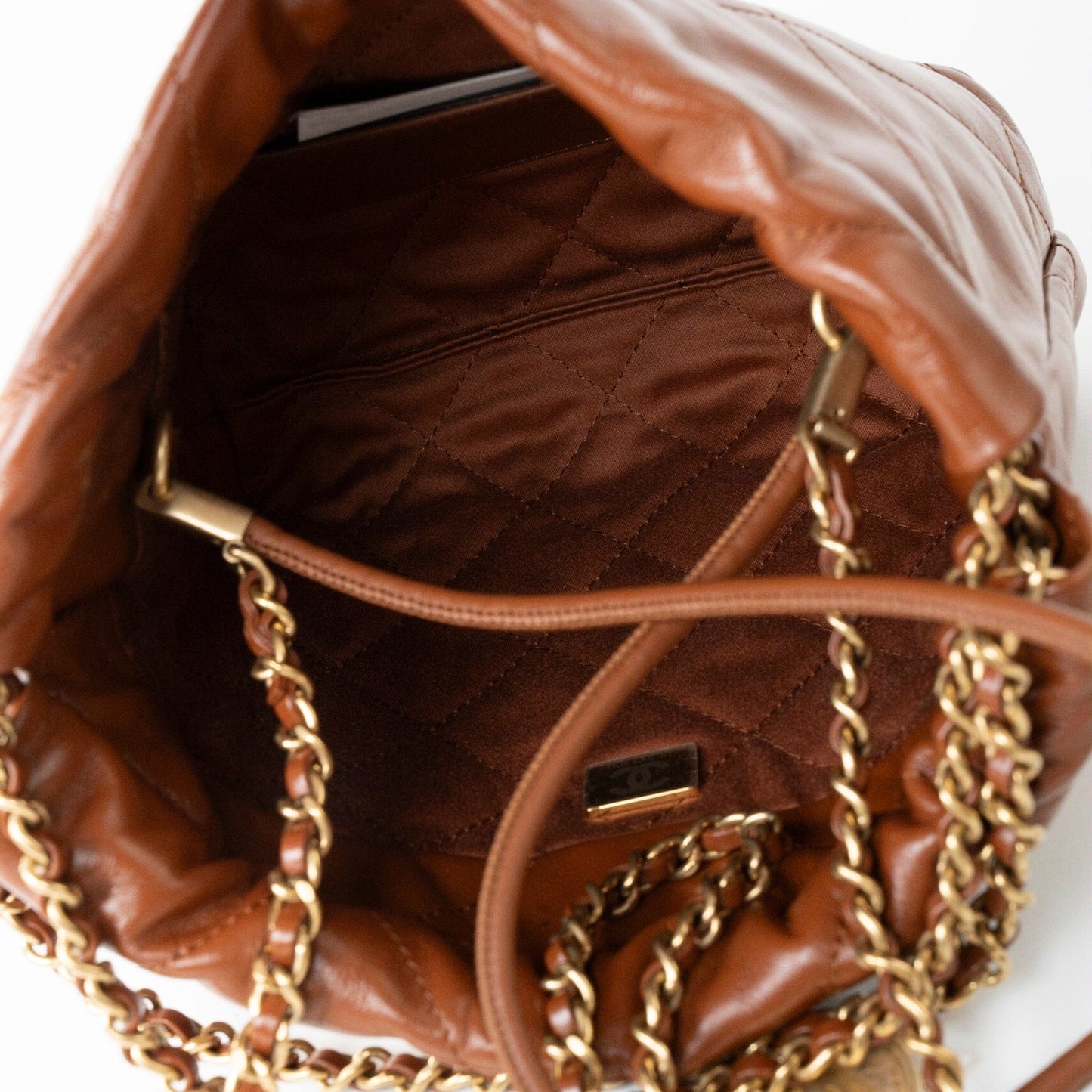 23A Light Brown Calfskin Quilted Mini 22 Bag Antique Gold Hardware