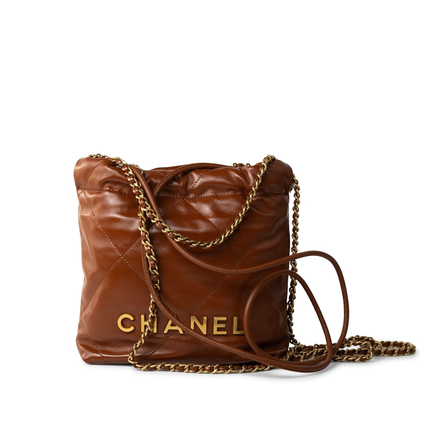 23A Light Brown Calfskin Quilted Mini 22 Bag Antique Gold Hardware