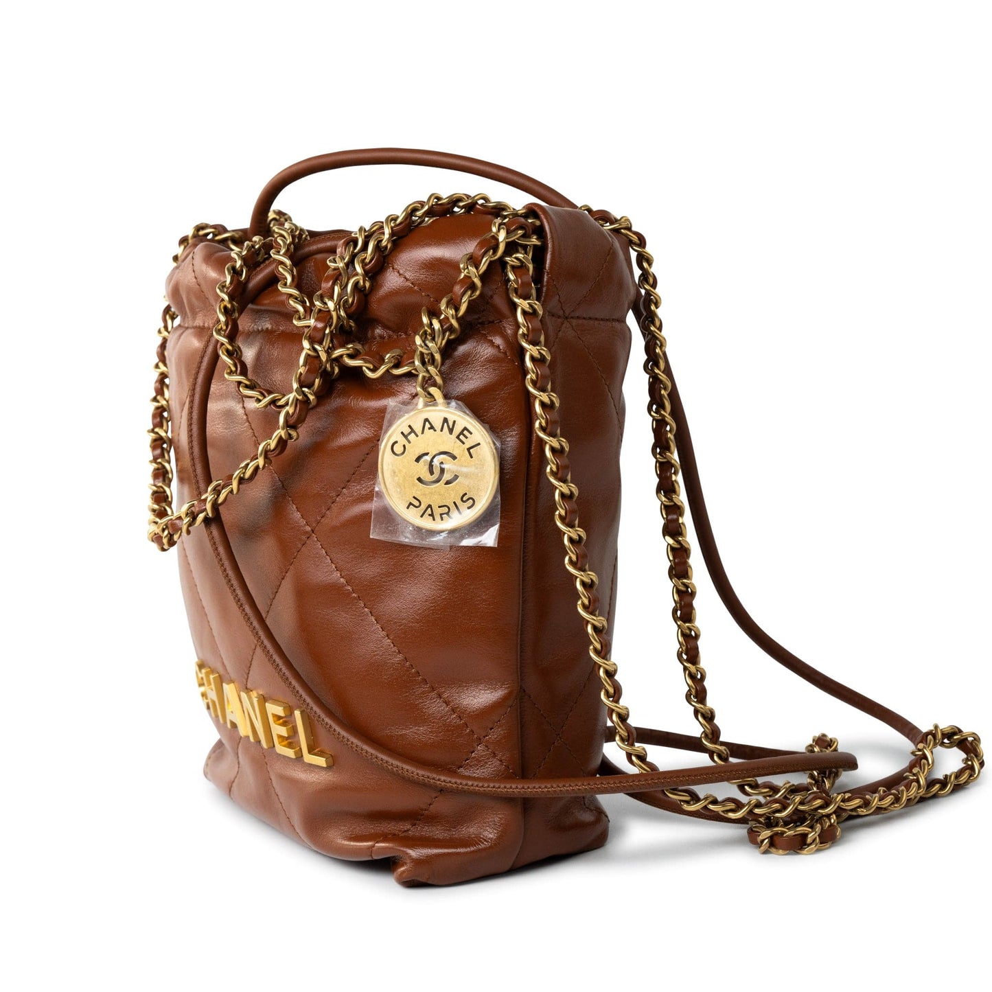 23A Light Brown Calfskin Quilted Mini 22 Bag Antique Gold Hardware