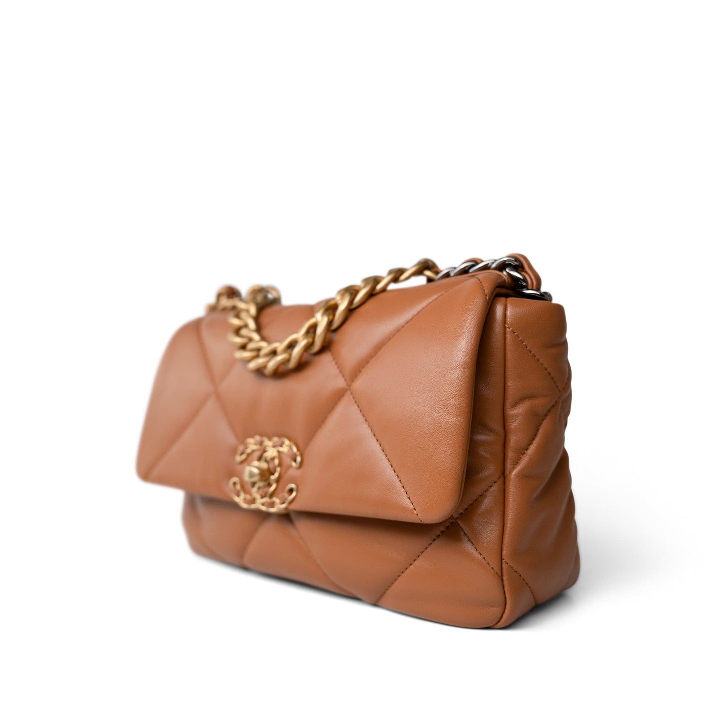 23B Caramel Lambskin Quilted 19 Flap Small Mixed Hardware