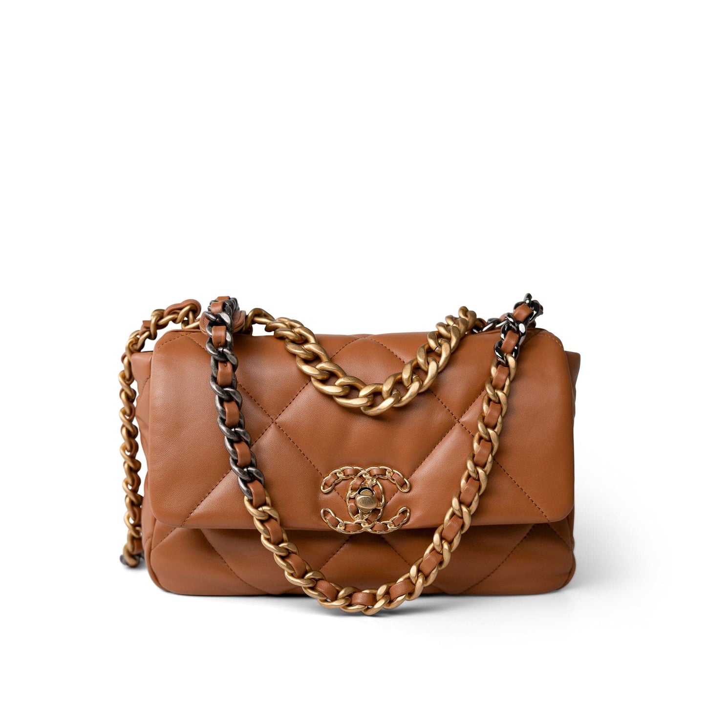 23B Caramel Lambskin Quilted 19 Flap Small Mixed Hardware