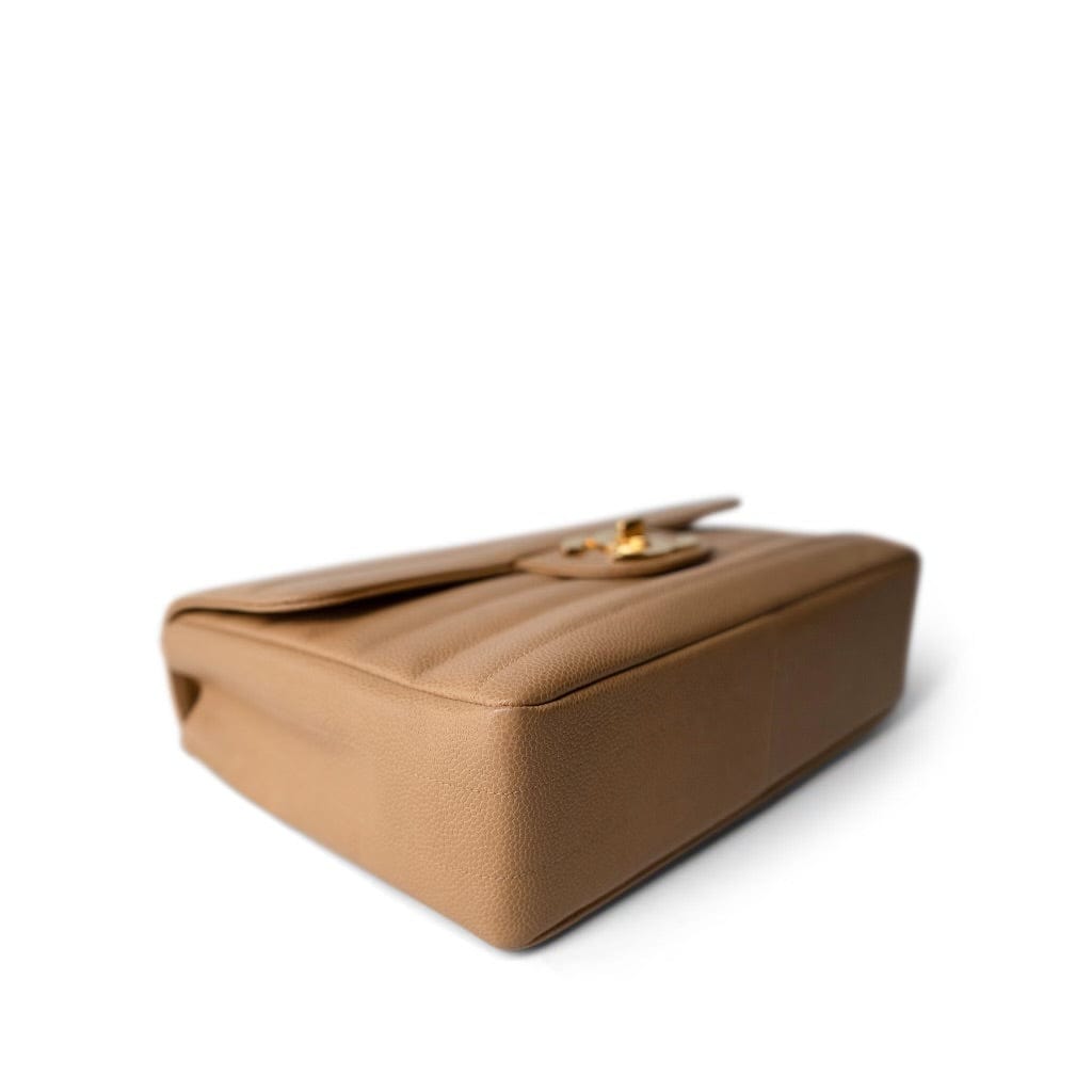 Beige Jumbo Horizontal Stripe Single Flap Gold Hardware