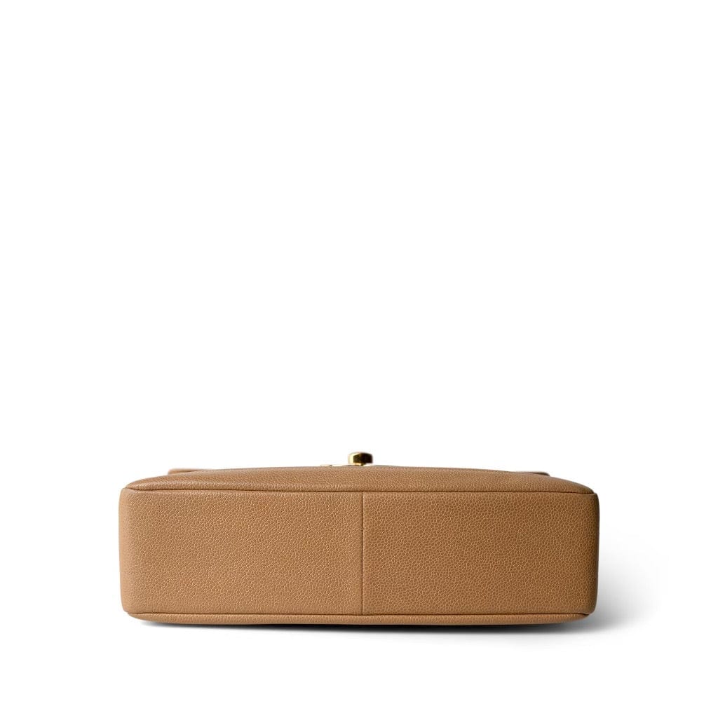 Beige Jumbo Horizontal Stripe Single Flap Gold Hardware