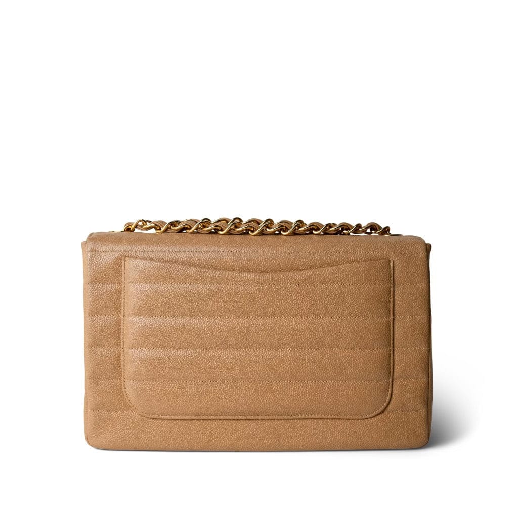 Beige Jumbo Horizontal Stripe Single Flap Gold Hardware