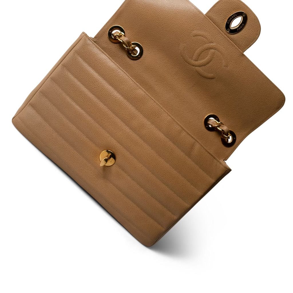 Beige Jumbo Horizontal Stripe Single Flap Gold Hardware