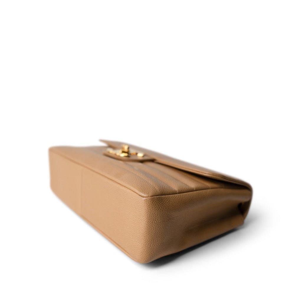 Beige Jumbo Horizontal Stripe Single Flap Gold Hardware