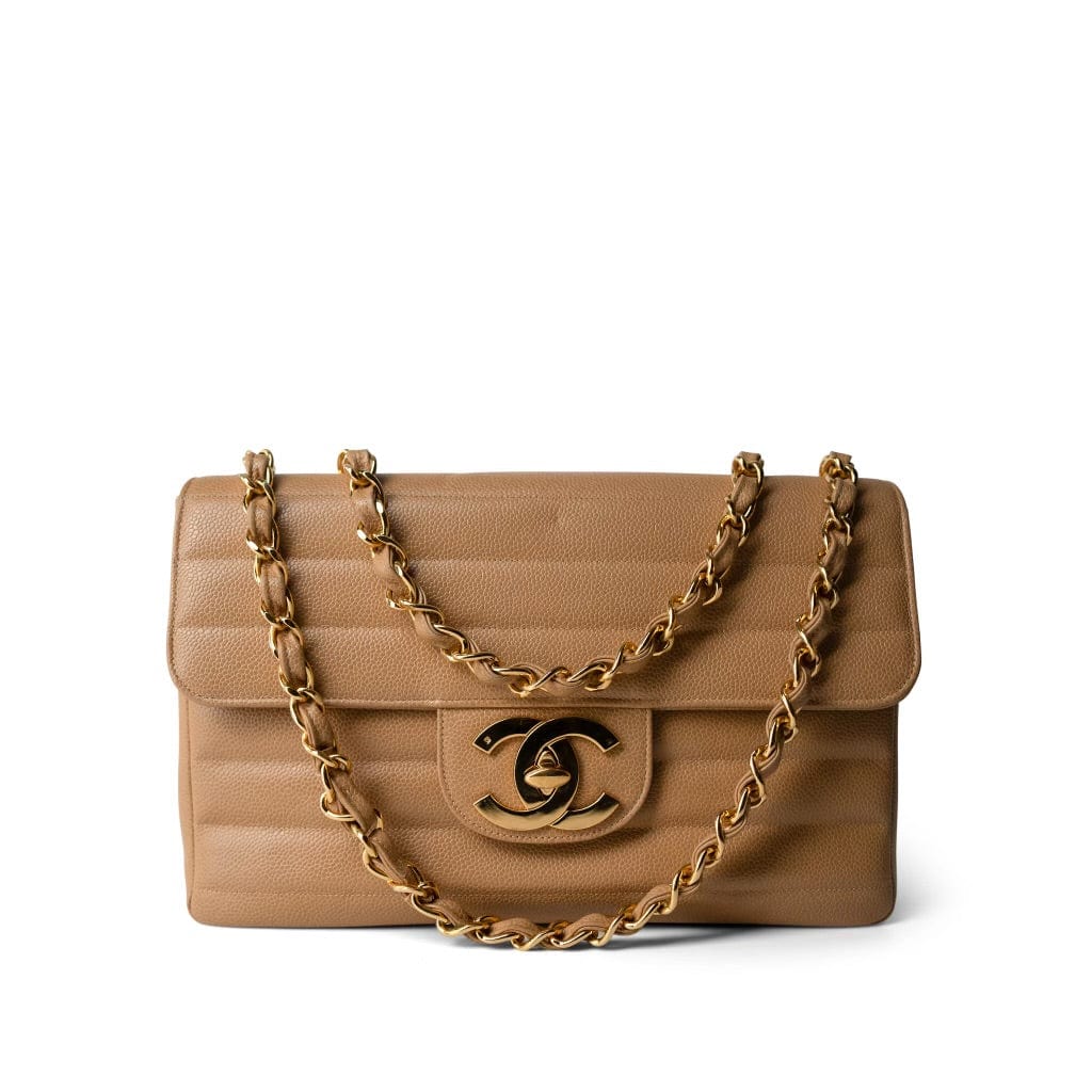 Beige Jumbo Horizontal Stripe Single Flap Gold Hardware