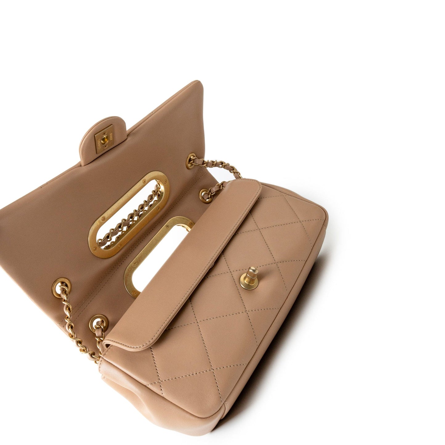 Lambskin Quilted A Real Catch Flap Bag Beige Aged Gold Hardware