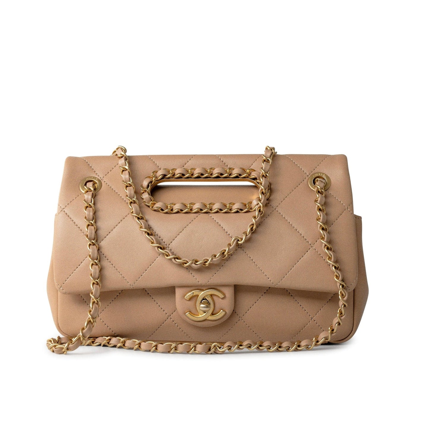 Lambskin Quilted A Real Catch Flap Bag Beige Aged Gold Hardware
