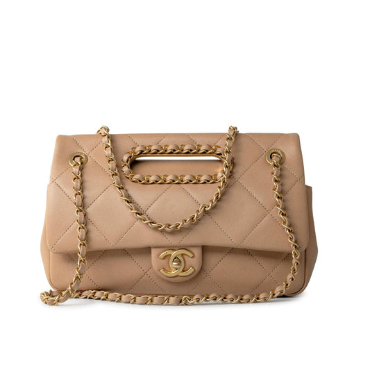 Lambskin Quilted A Real Catch Flap Bag Beige Aged Gold Hardware