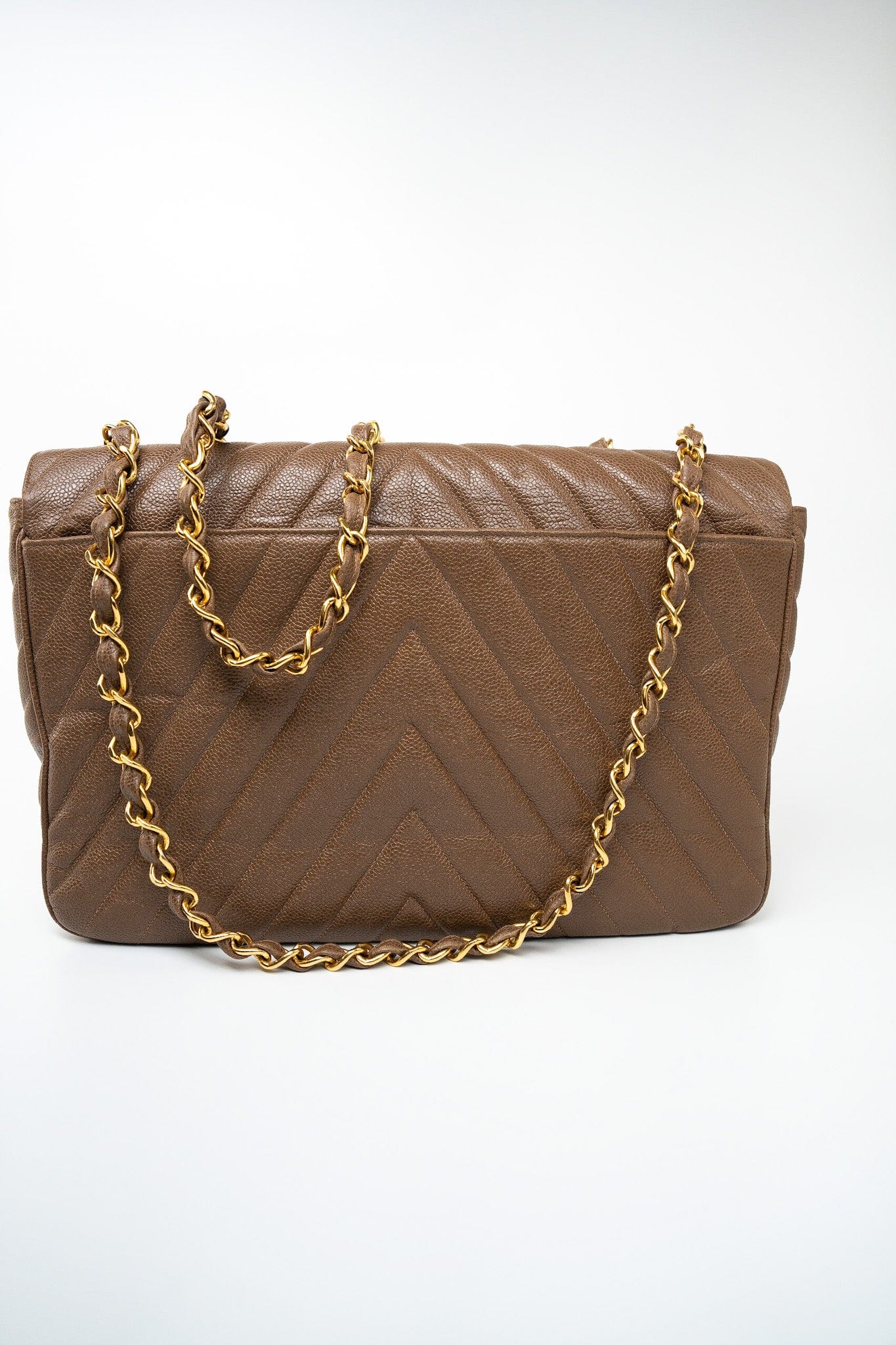 Taupe Caviar Chevron Maxi Single Flap 24K Gold Hardware