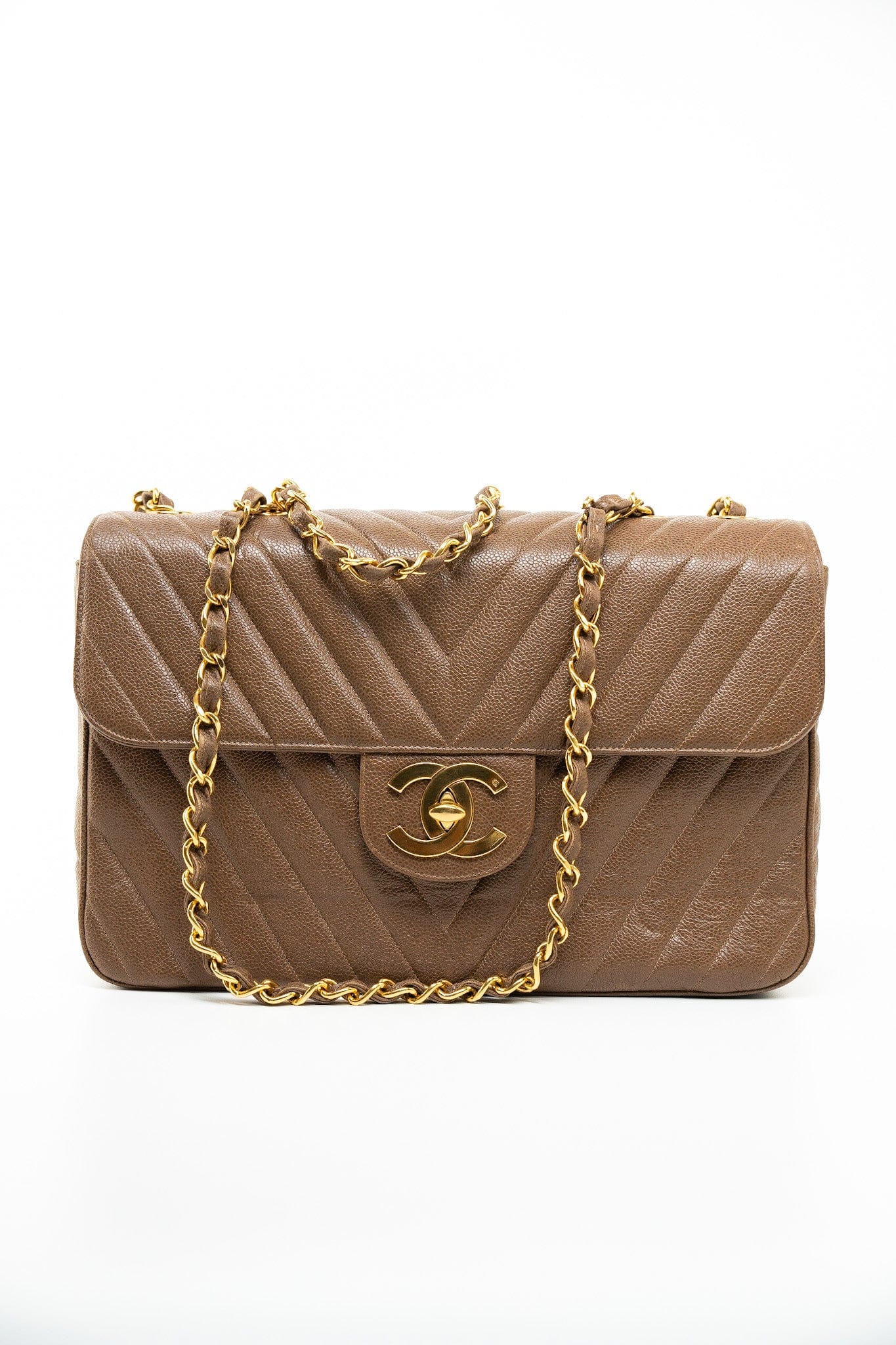 Taupe Caviar Chevron Maxi Single Flap 24K Gold Hardware