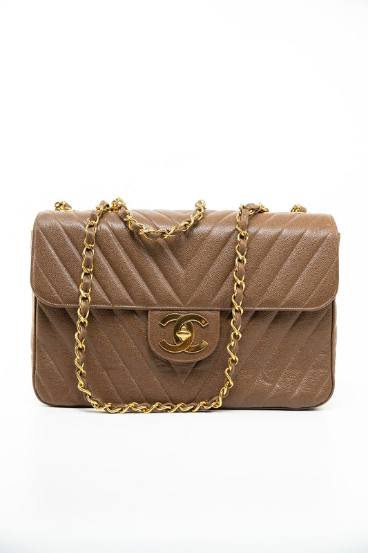 Taupe Caviar Chevron Maxi Single Flap 24K Gold Hardware