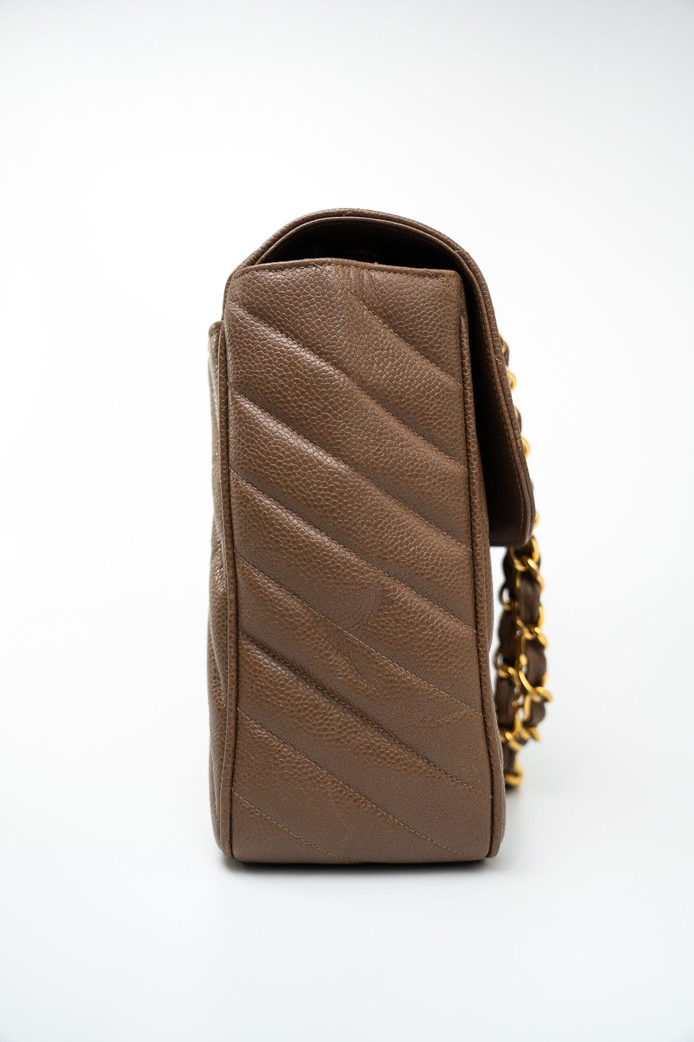 Taupe Caviar Chevron Maxi Single Flap 24K Gold Hardware