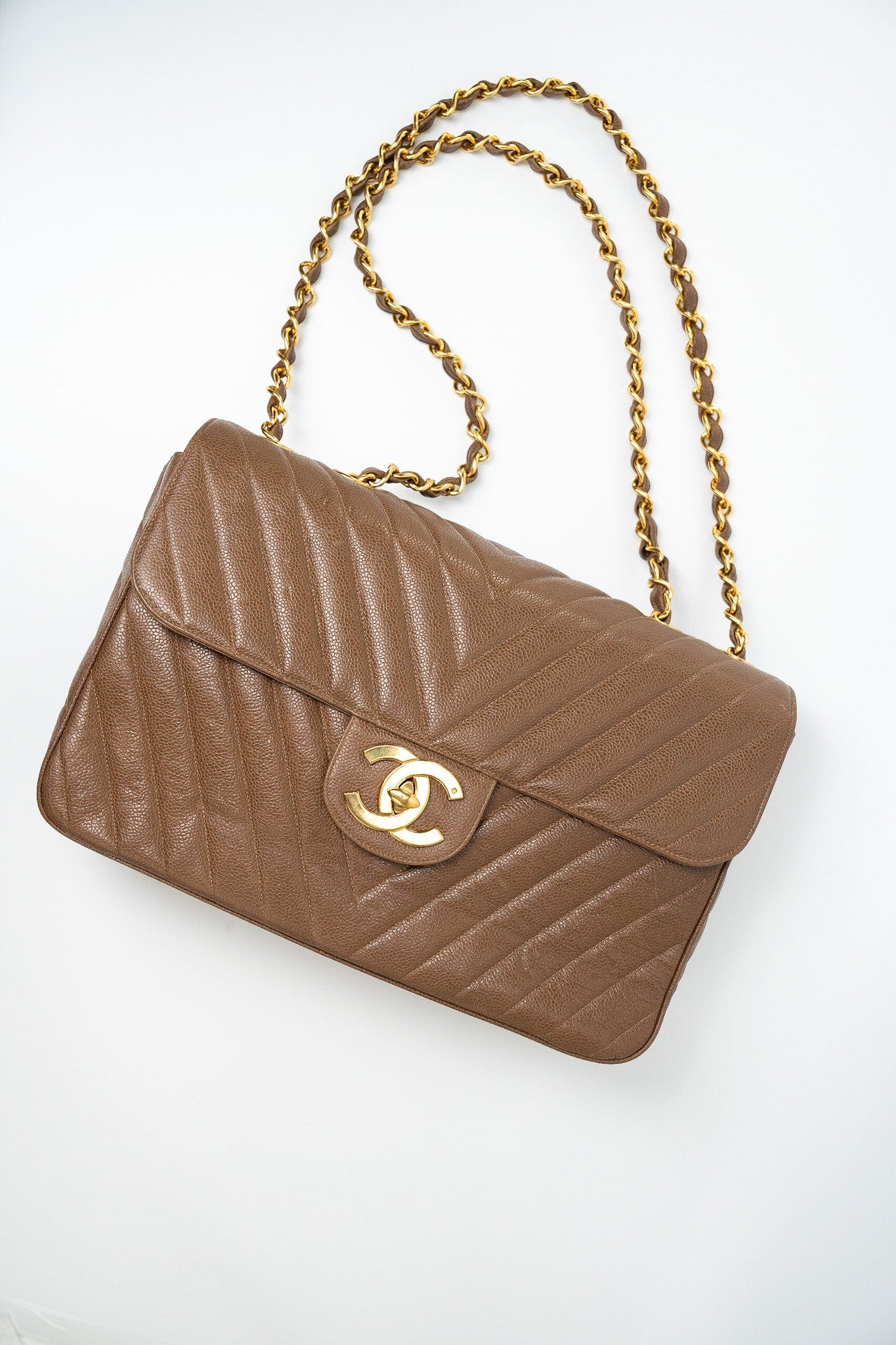 Taupe Caviar Chevron Maxi Single Flap 24K Gold Hardware