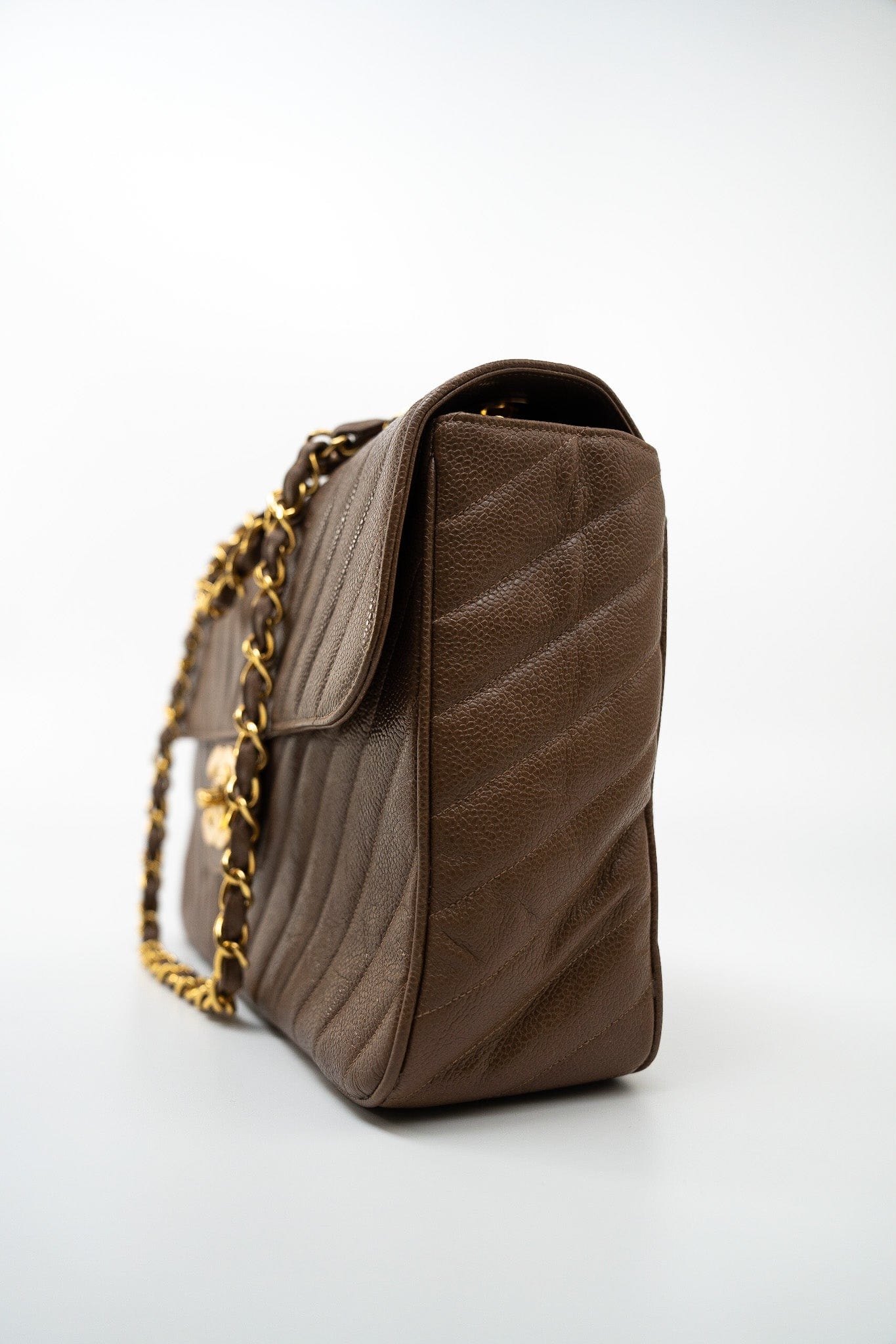Taupe Caviar Chevron Maxi Single Flap 24K Gold Hardware