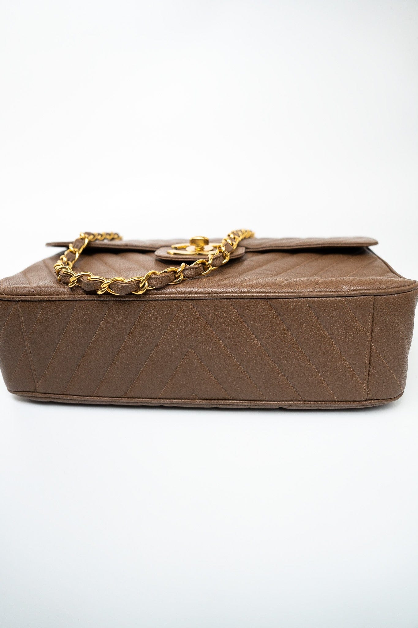 Taupe Caviar Chevron Maxi Single Flap 24K Gold Hardware