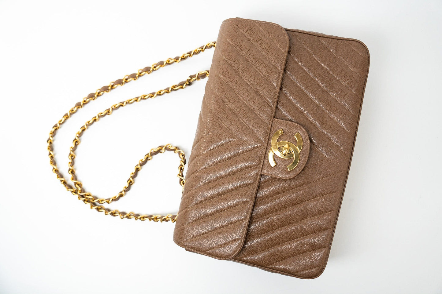 Taupe Caviar Chevron Maxi Single Flap 24K Gold Hardware