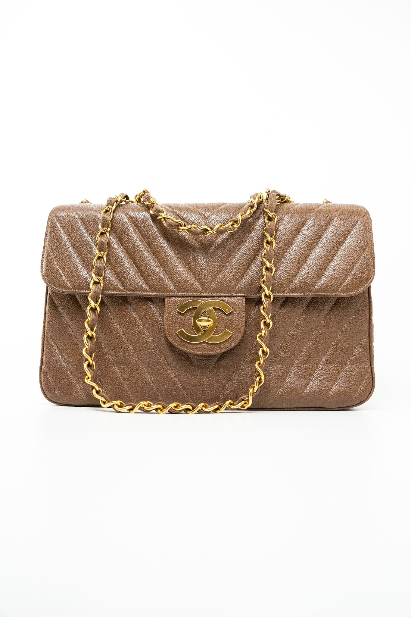 Taupe Caviar Chevron Maxi Single Flap 24K Gold Hardware
