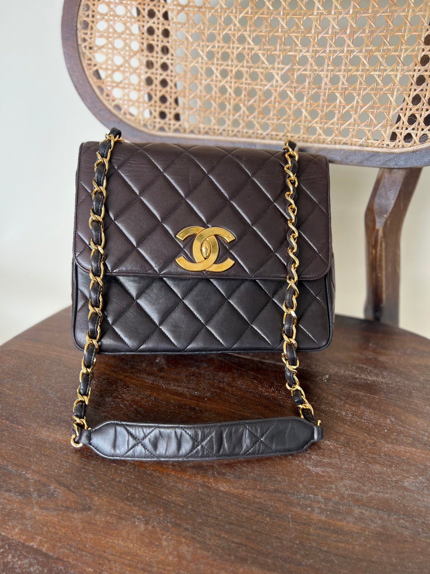 Vintage Black / Dark Brown Lambskin Quilted Square CC Flap GHW