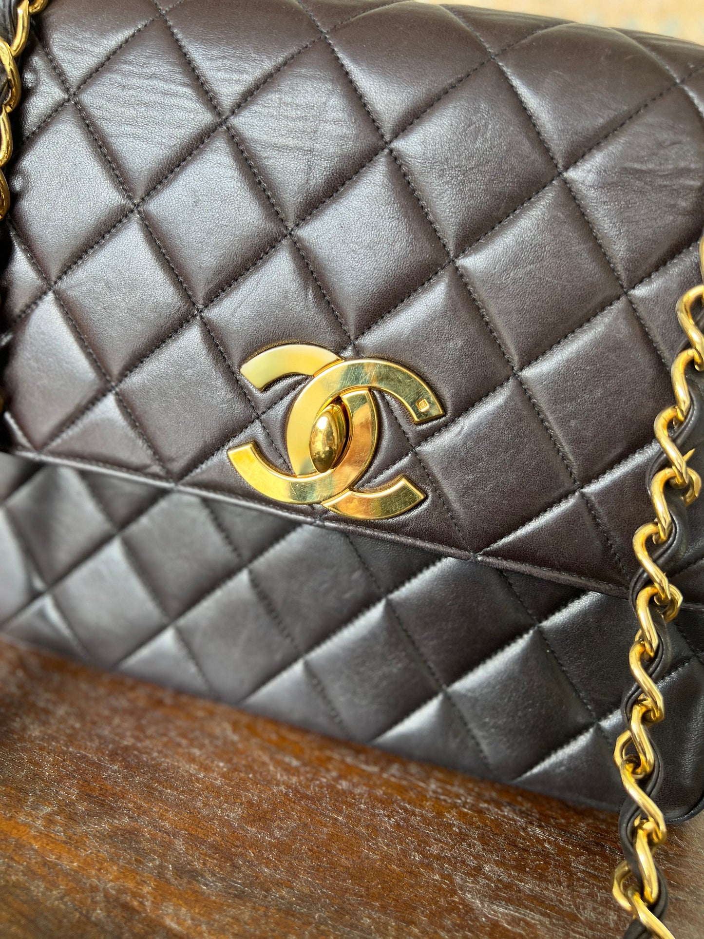 Vintage Black / Dark Brown Lambskin Quilted Square CC Flap GHW