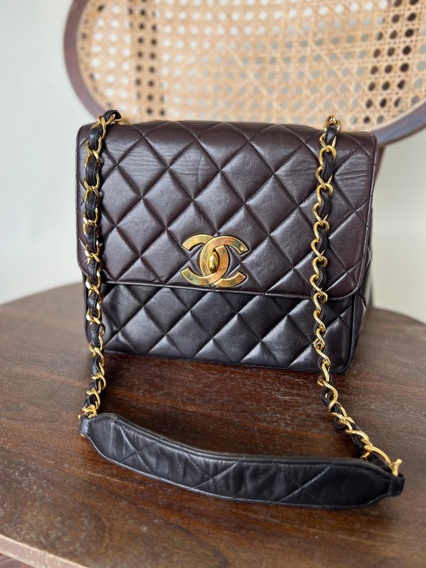 Vintage Black / Dark Brown Lambskin Quilted Square CC Flap GHW