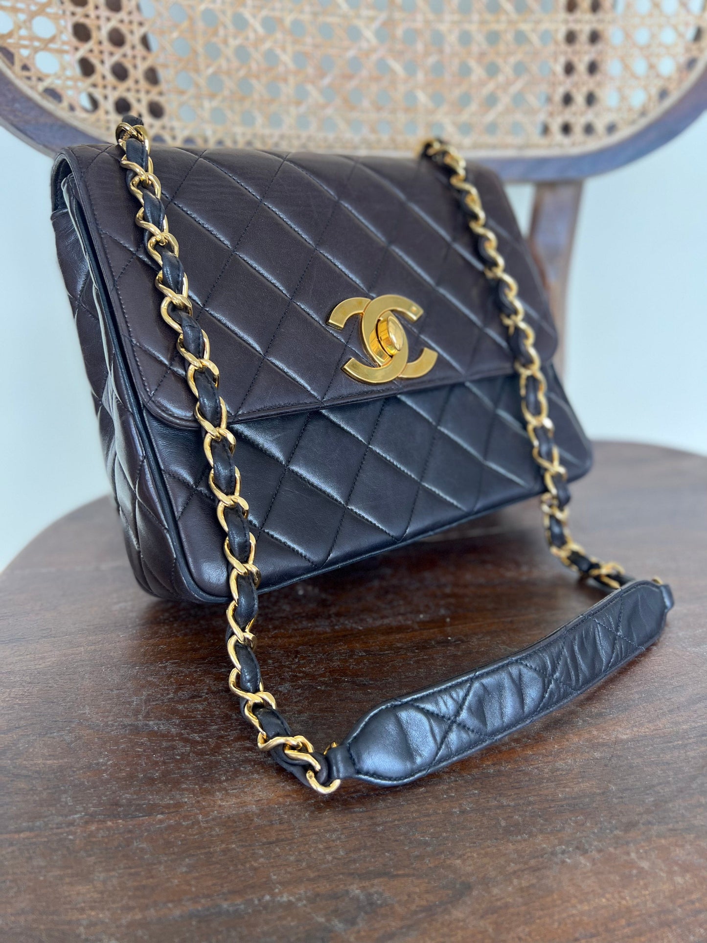 Vintage Black / Dark Brown Lambskin Quilted Square CC Flap GHW