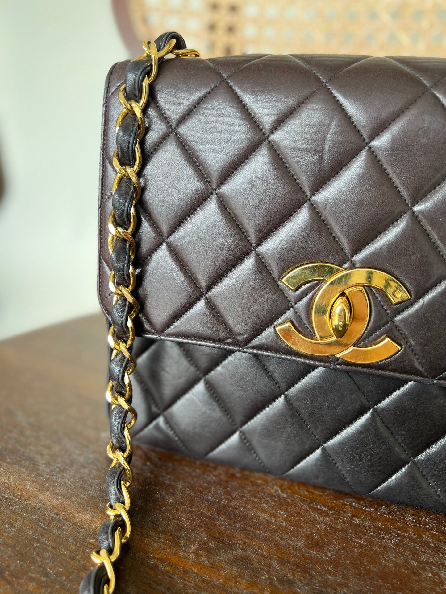 Vintage Black / Dark Brown Lambskin Quilted Square CC Flap GHW