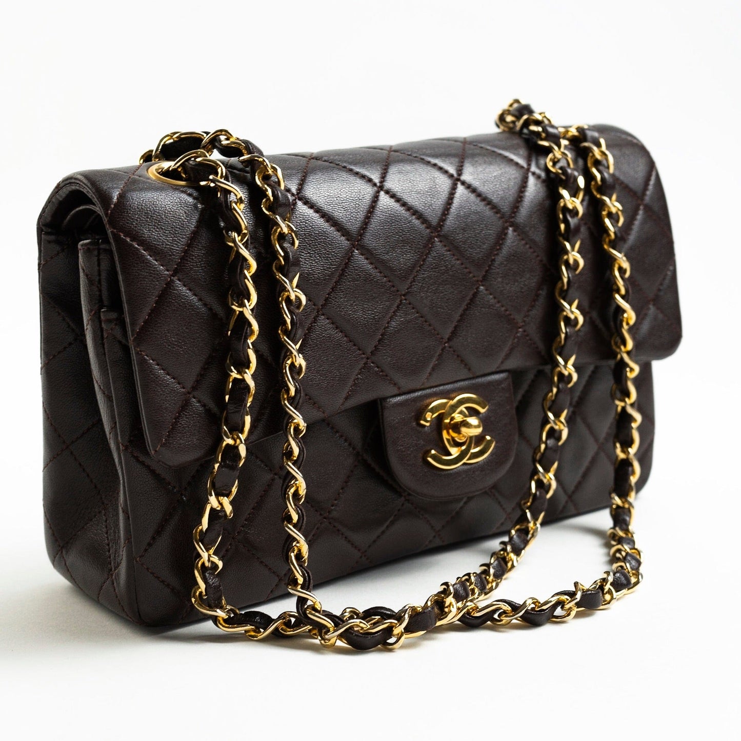 Vintage Brown Lambskin Quilted Classic Flap Small GHW