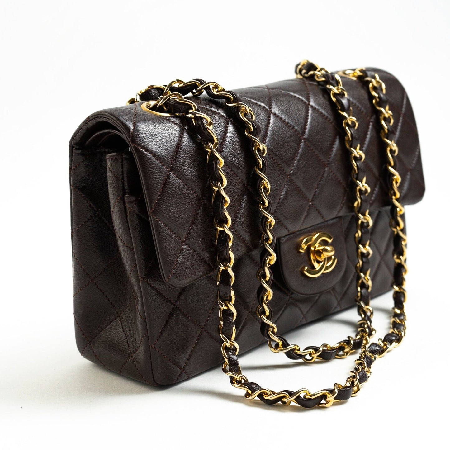 Vintage Brown Lambskin Quilted Classic Flap Small GHW