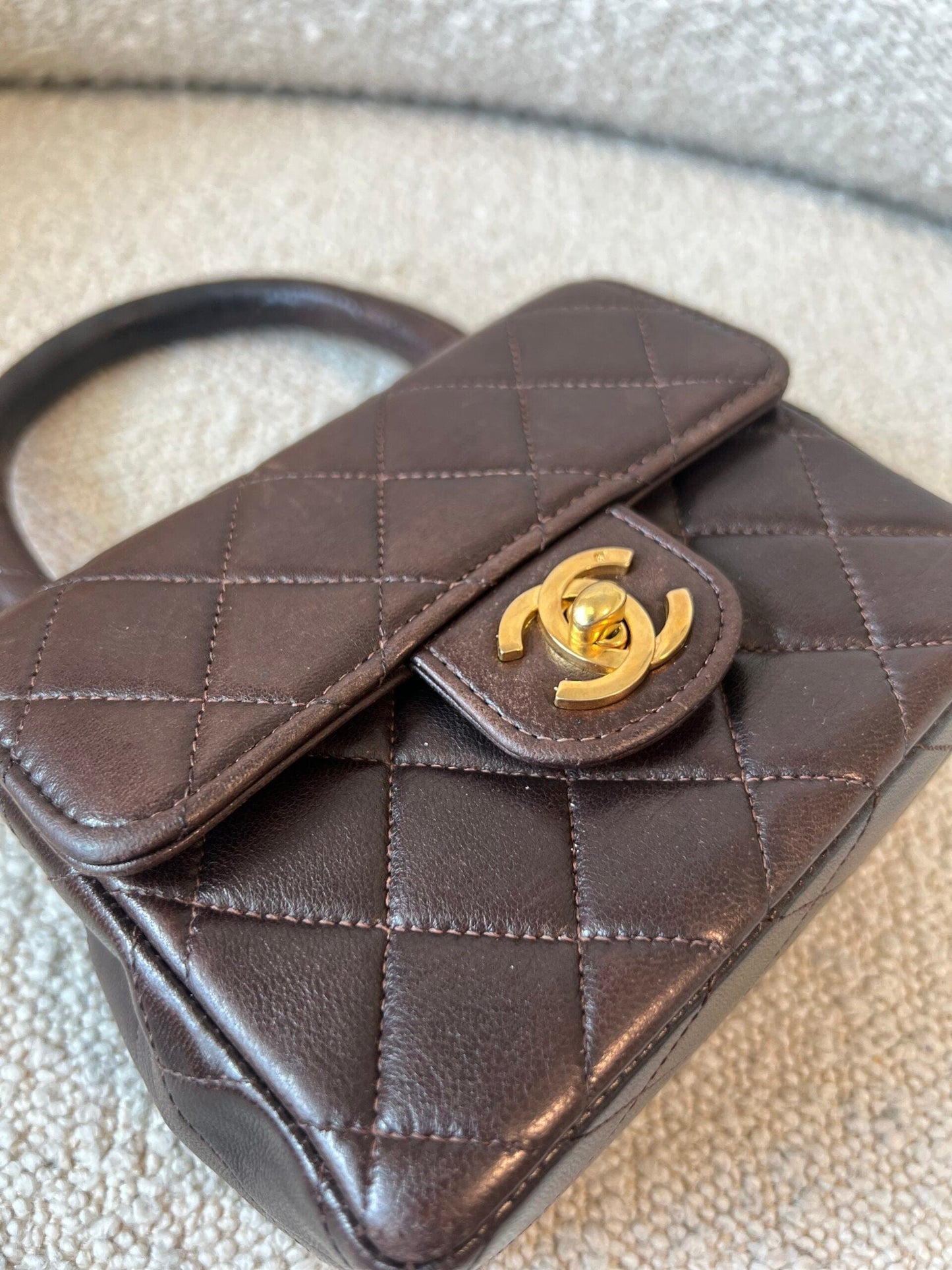 Vintage Brown Lambskin Quilted Micro Mini Kelly with Top Handle GHW